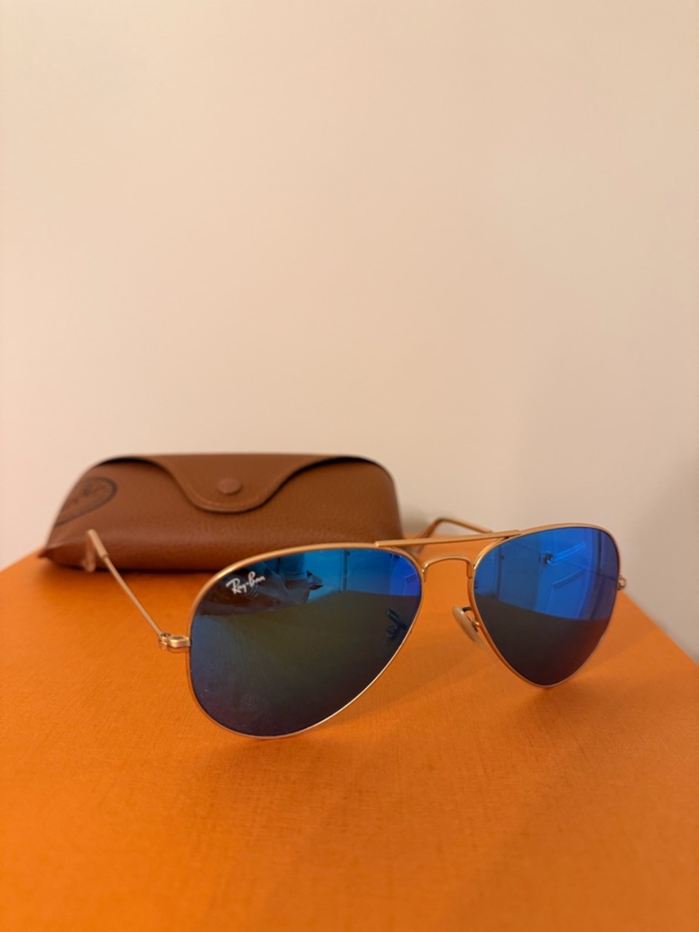 Ray-Ban Gold Aviator Sunglasses with Blue Mirror Lenses with Case